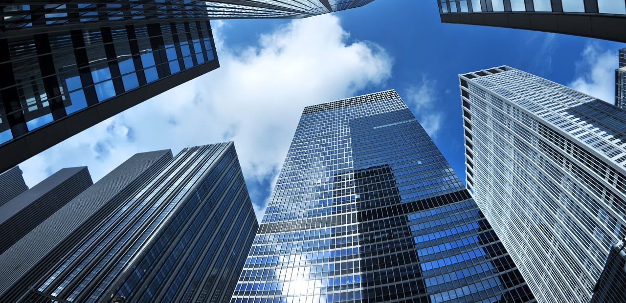 Low angle view of financial district buildings